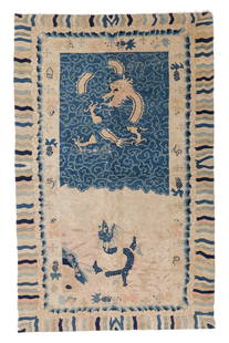 Double Dragon Rug, China, Late 19th C., 4'1'' x 6'7'': Double Dragon Rug, China, Late 19th C., 4'1'' x 6'7'' (124 x 201 cm). Weight: 9 lbs. Material: wool pile, cotton warp, cotton weft.