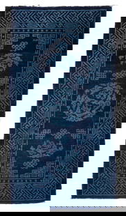 Sino-Tibetan Blue Dragon Rug, Late 19th C., 2'3'' x 4'3'': Sino-Tibetan Blue Dragon Rug, Late 19th C., 2'3'' x 4'3'' (69 x 130 cm). Weight: 6 lbs. Material: wool pile, cotton warp, cotton weft.