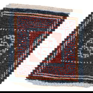 Monastic Seating Wangden Rug, Tibet, Late 19th C., 1'9'' x 1'11'': Monastic Seating Wangden Rug, Tibet, Late 19th C., 1'9'' x 1'11'' (53 x 58 cm). Weight: 3 lbs. Material: wool pile, wool warp, wool weft. Ex. Robert Piccus collection.