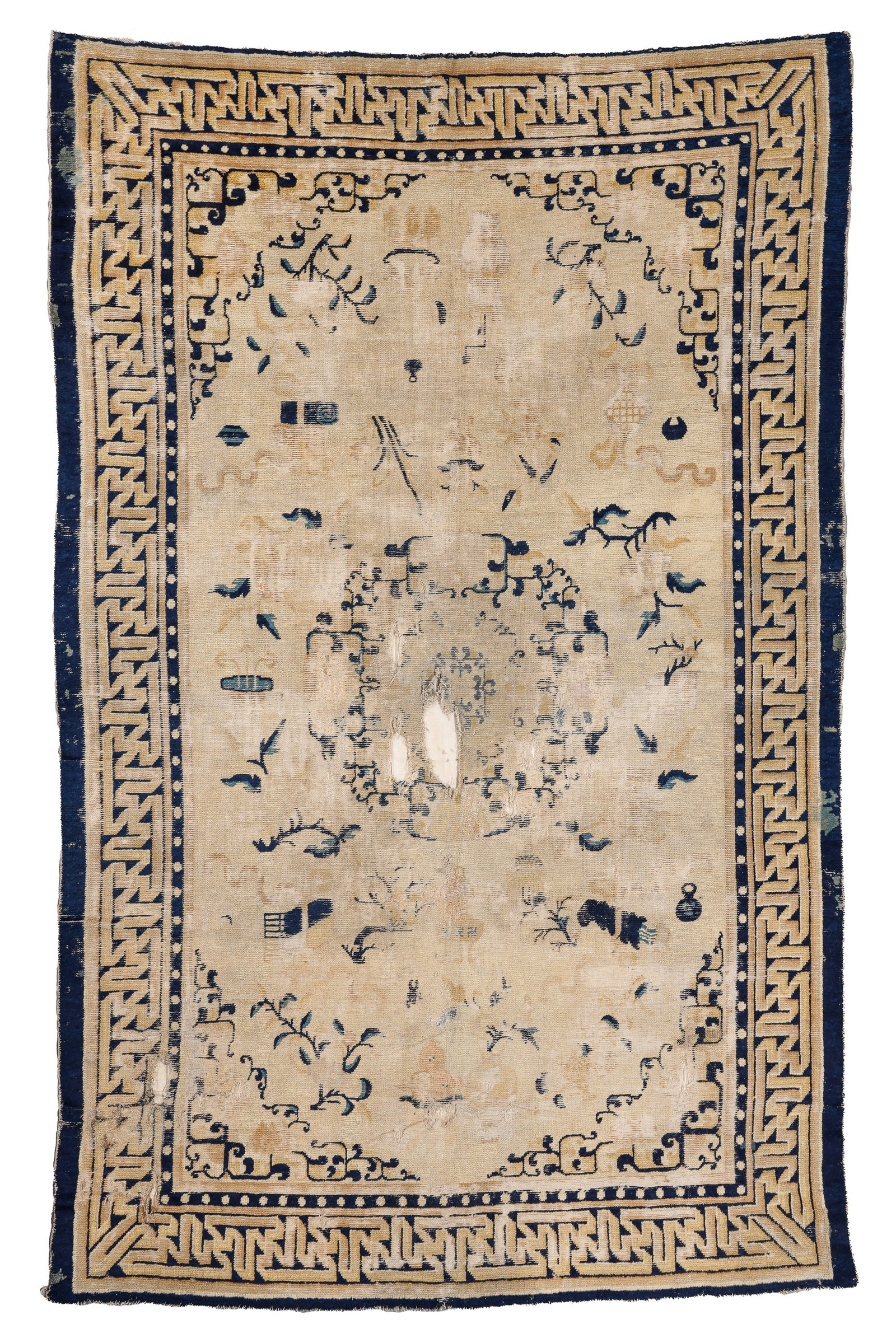 Ningxia Rug, China, Ca. 1800, 6'5'' x 10'1'': Ningxia Rug, China, Ca. 1800, 6'5'' x 10'1'' (196 x 307 cm). Weight: 14 lbs. Material: wool pile, cotton warp, cotton weft. Cloth backing.
