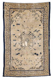 Ningxia Rug, China, Ca. 1800, 6'5'' x 10'1'': Ningxia Rug, China, Ca. 1800, 6'5'' x 10'1'' (196 x 307 cm). Weight: 14 lbs. Material: wool pile, cotton warp, cotton weft. Cloth backing.