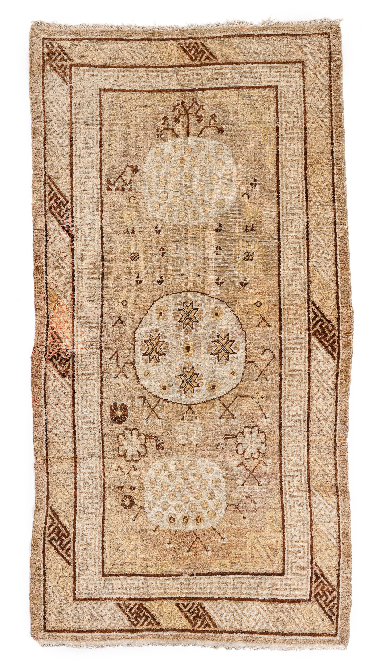Khotan Rug, East Turkestan, Late 19th C., 3'8'' x 7'3'': Khotan Rug, East TurkestanLate 19th C., 3'8'' x 7'3'' (112 x 221 cm). Weight: 8 lbs. Material: wool pile, wool warp, wool weft.