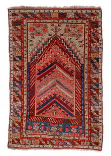Mudjar Prayer Rug, Central Anatolia, Ca. 1900, 3'4'' x 5'0'': Mudjar Prayer Rug, Central Anatolia, Ca. 1900, 3'4'' x 5'0'' (102 x 152 cm). Weight: 5 lbs. Material: wool pile, wool warp, wool weft.