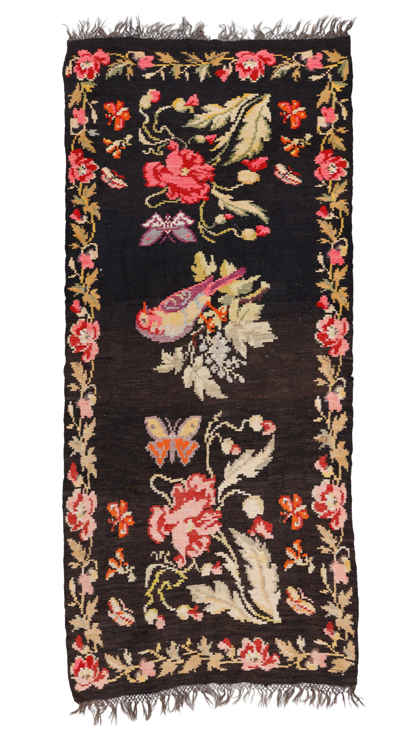 Bessarabian Bird & Floral Kilim, Romania, Early 20th C., 4'10'' x 10'9'': Bessarabian Bird & Floral Kilim, Romania, Early 20th C., 4'10'' x 10'9'' (147 x 328 cm). Weight: 16 lbs. Material: wool surface, wool warp.