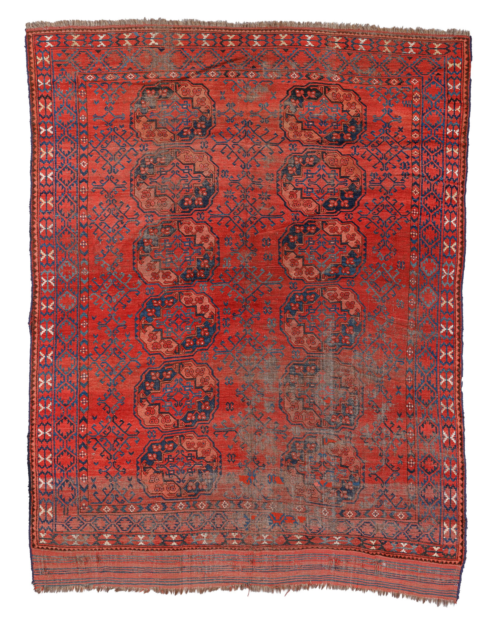 Ersari Main Rug, Turkmenistan, Ca. 1880, 7'9'' x 9'6'': Ersari Main Rug, Turkmenistan, Ca. 1880, 7'9'' x 9'6'' (236 x 290 cm). Weight: 20 lbs. Material: wool pile, wool warp, wool weft. Heavy wear.