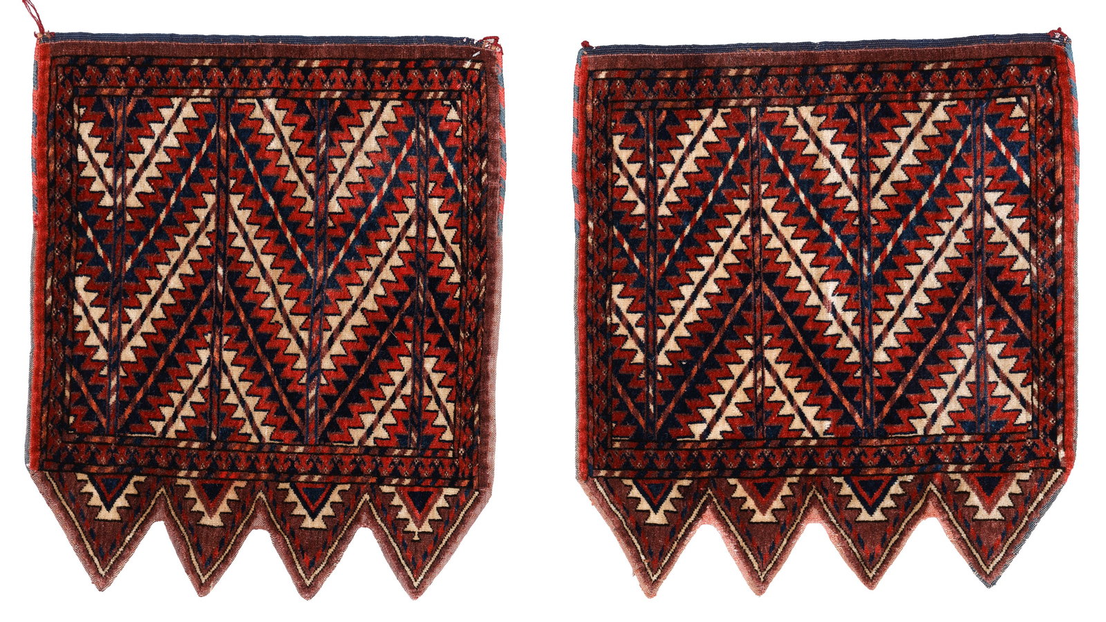 Pair of Yomud Tent Trappings/Ok Bash, Turkmenistan, Late 19th C.: Pair of Yomud Tent Trappings, Turkmenistan, Late 19th C., 2'0'' x 2'3'' (61 x 69 cm). Weight: 4 lbs. Material: wool pile, wool warp, wool weft.