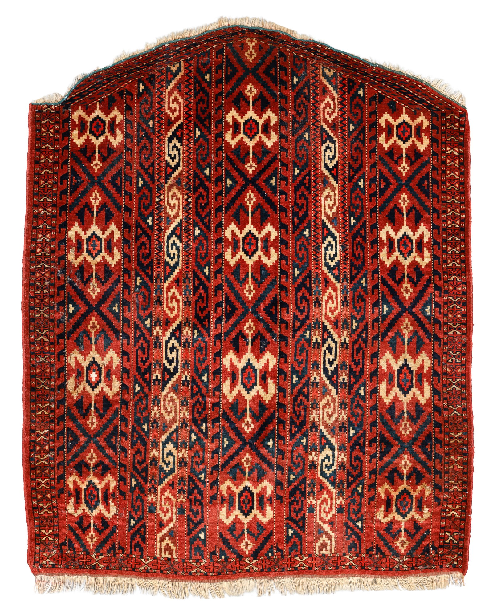 Yomud Cover, Turkmenistan, Ca. 1875, 3'3'' x 4'1'': Yomud Cover, Turkmenistan, Ca. 1875, 3'3'' x 4'1'' (99 x 124 cm). Weight: 6 lbs. Material: wool pile, wool warp, wool weft. Traces of moth tracks. Lustrous, velvety wool handle.