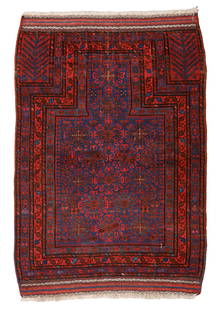 Baluch Prayer Rug, Persia/Afghanistan, Late 19th C., 3'5'' x 4'11'': Baluch Prayer Rug, Persia/Afghanistan, Late 19th C., 3'5'' x 4'11'' (104 x 150 cm). Weight: 6 lbs. Material: wool pile, wool warp, wool weft.