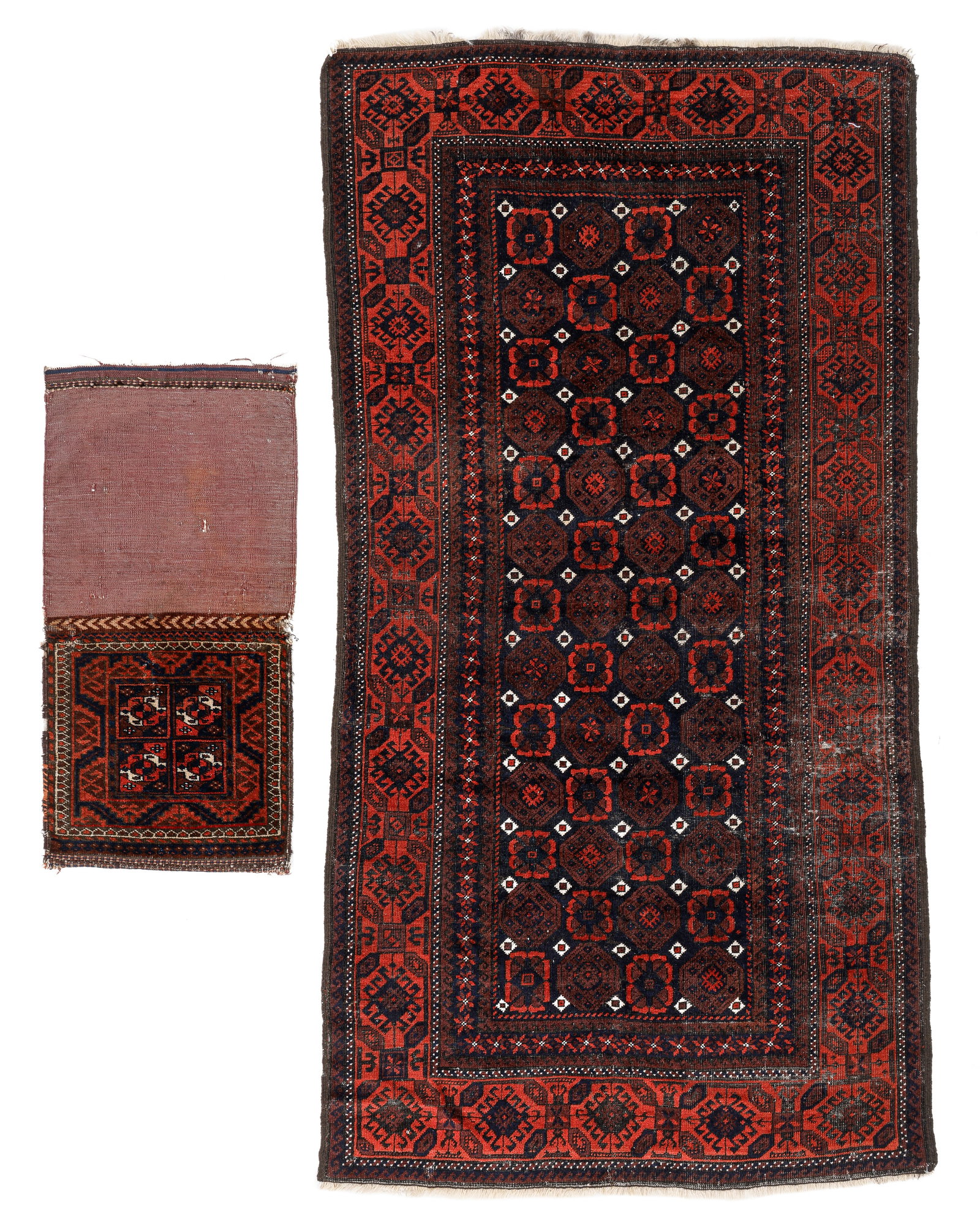 2 Baluch Weavings: Rug & Bag, Persia/Afghanistan, Late 19th C: 2 Baluch Weavings: Rug & Bag, Persia/Afghanistan, Late 19th C., Largest: 3'1'' x 6'0'' (94 x 183 cm). Weight: 6 lbs. Material: wool pile, wool warp, wool weft.