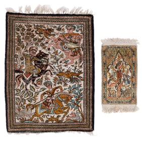 2 Small Persian Pictorial Silk Rugs, Mid 20th C