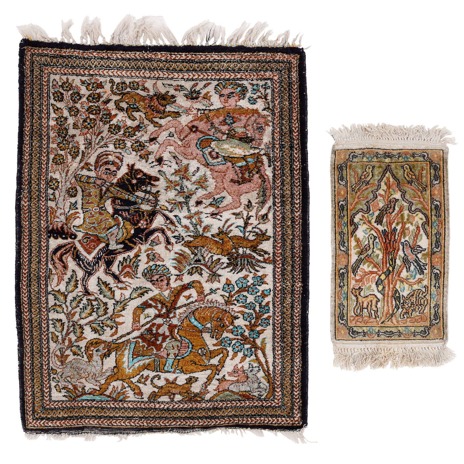 2 Small Persian Pictorial Silk Rugs, Mid 20th C (1 of 4)