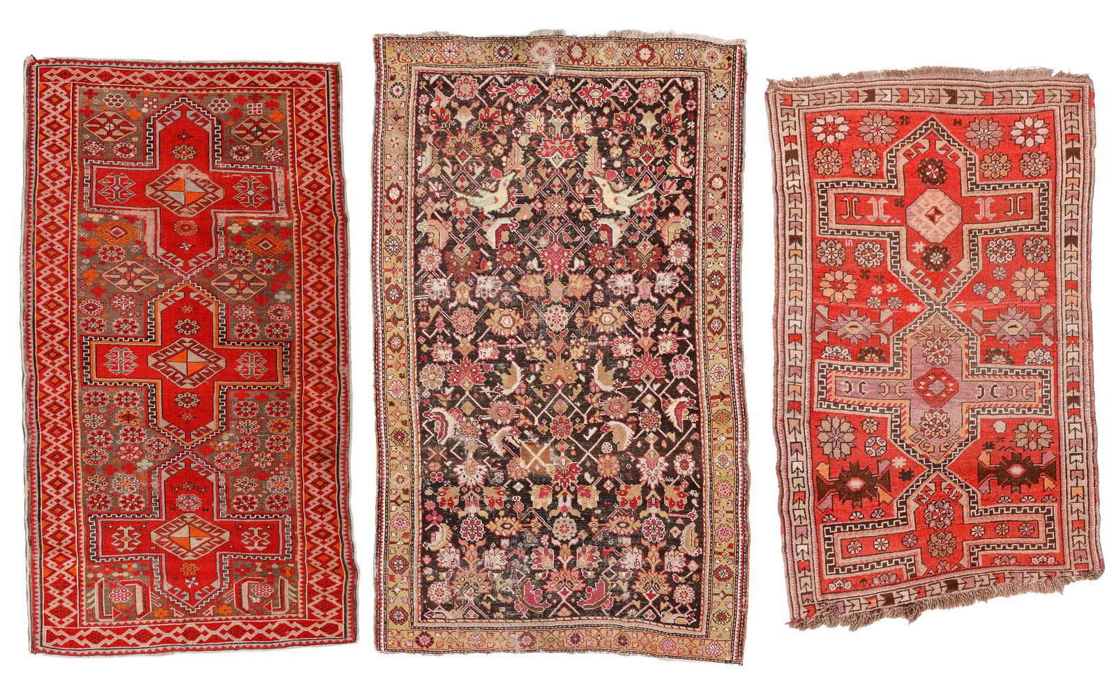 3 Heavily Used Antique Caucasian Rugs: 3 Heavily Used Antique Caucasian Rugs, Largest Size: 4'1'' x 6'10'' (124 x 208 cm). Weight: 26 lbs. Material: wool pile, wool warp, wool weft.