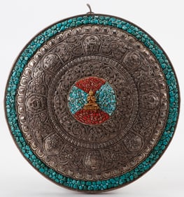 Tibetan Repousee Silver and Stone Inlaid Thangka