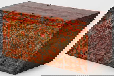 Antique Tibetan Painted Chest: Antique Tibetan Painted Chest. Wood, pigment, iron hardware. Size: 17'' x 35'' x 15'' (43 x 89 x 38 cm).