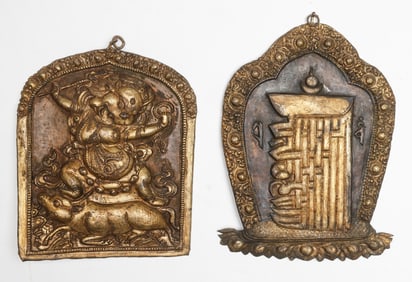 2 Antique Tibetan High Relief Bronze Plaques