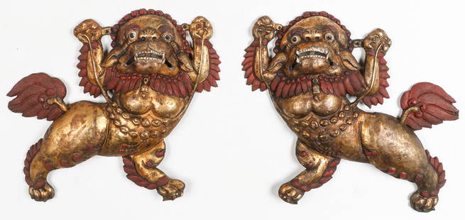 Pair of Antique Tibetan Gilt Copper Snow Lion Plaques: Pair of Antique Tibetan Gilt Copper Snow Lion Plaques. Each Size: 13'' x 12'' x 1'' (33 x 5 x 3 cm).
