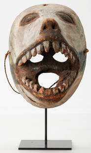 Himalyan Animal Festival Mask: Himalyan Animal Festival Mask. Carved wood and pigment. Stand included. Size: 9.5'' x 7.25'' x 7'' (24 x 18 x 18 cm). Height on stand: 13" (33 cm).
