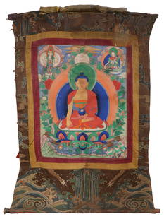 Antique Tibetan Thangka of Shakyamuni Buddha: Antique Tibetan Thangka of Shakyamuni Buddha. Paint on cloth with Chinese silk borders. Size: 22'' x 17.5'', 56 x 44 cm (sight); 39.5'' x 29'', 100 x 74 cm (overall). Provenance: Collection of Dr.