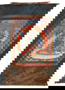 Antique Tibetan Thangka of Mahakala: Antique Tibetan Thangka of Mahakala. Paint on cloth with Chinese silk borders. Size: 22'' x 17.5'', 56 x 44 cm (sight); 43'' x 30'', 109 x 76 cm (overall). Provenance: Collection of Dr. and Mrs.