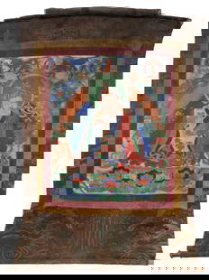 Antique Tibetan Thangka of Padmasambhava, also known as Guru Rinpoche: Antique Tibetan Thangka of Padmasambhava, also known as Guru Rinpoche . Paint on cloth with Chinese silk borders. Size: 22.5'' x 18.5'', 57 x 47 cm (sight); 40'' x 30'', 102 x 76 cm (overall).