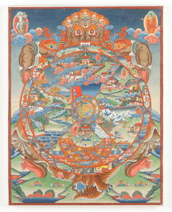 Tibetan Thangka of Wheel of Life, 20th C.: Antique Tibetan Thangka of Wheel of Life. In plexi frame. Size: 27'' x 21'' (69 x 53 cm).