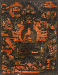 Tibetan Thangka of the Life of Buddha: Tibetan Thangka of the Life of Buddha. Size: 13.25'' x 10.5'' (34 x 27 cm).