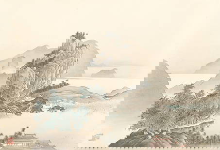Chinese Landscape Painting: Chinese Landscape Painting. Ink and color on silk. Size: 12'' x 18'', 30 x 46 cm (sheet).