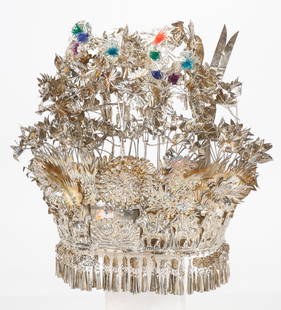 Antique Miao Silver Bridal Wedding Crown, China: Antique Miao Silver Bridal Wedding Crown. Size: 11'' x 12.5'' x 13.5'' (28 x 32 x 34 cm). From the Nina Sidley Collection of International Textiles and Folk Art. From the Nina Sidley Collection of Int