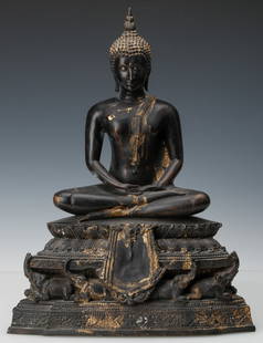 Southeast Asian Bronze Seated Buddha: Southeast Asian Bronze Seated Buddha. Size: 18.5'' x 14.5'' x 7'' (47 x 37 x 18 cm). Provenance: Collection of Dr. and Mrs. Albert and Carol Rosenthal/Estate of Carol Rosenthal.
