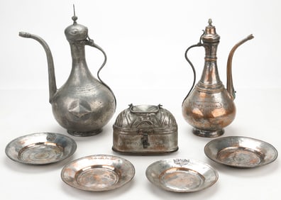 Collector's Lot Of 7 Antique Armenian Tinned Copper Items, 6 Inscribed