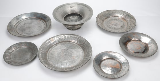 7 Pieces Of Antique Armenian Tinned Copper, 6 Inscribed