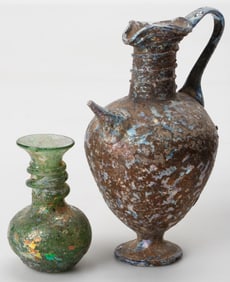 2 Ancient Roman Glass Vessels, H: 5.5", 3"