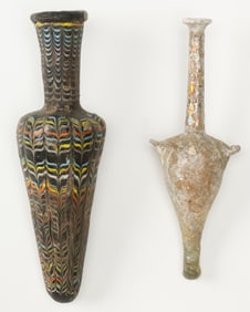 2 Ancient Mediterranean Glass Vessels, H: 6.5", 7"