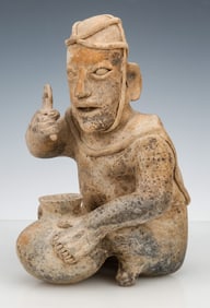 Pre-Columbian Jalisco Pottery Seated Figure With Jar, H: 12"