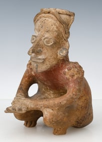 Pre-Columbian Colima or Jaliscco Pottery Crouching Figure, H: 7.5"