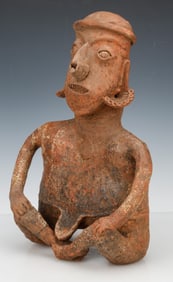 Pre-Columbian Nayarit Pottery Seated Warrior Figure, h: 18.5"