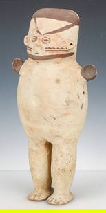 Pre-Columbian Chancay Chuchimilco Female Figure, H:18.5": Pre-Columbian Chancay Chuchimilco Female Figure. Hollow clay form with cream colored slip and brown paint on the face and hands. Size: 18.5'' x 9.5'' x 5.75'' (47 x 24 x 15 cm). Provenance: Collection