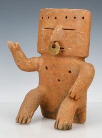 Pre-Columbian Quimbaya Seated Slab Figure With Gold Nose Ring, H: 11"