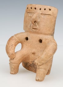 Pre-Columbian Quimbaya Seated Slab Figure With Gold Nose Ring, Ecuador.