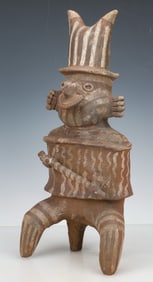 Pre-Columbian Nayarit Pottery Seated Warrior Figure, H:16.5"
