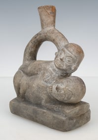 Pre-Columbian Moche Pottery Erotic Stirrup Vessel, H: 7"