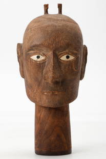 Indonesian Toraja Tau-Tau Ancestor Figure Head, Sulawesi, H: 11.5": Indonesian Toraja Tau-Tau Ancestor Figure Head, Sulawesi. Jackfruit wood and shell. Height: 11.5" (29 cm).