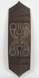 Dayak Shell Inlay Decorated Shield, Borneo, H:47": Dayak Shell Inlay Decorated Shield, Borneo. Size: 47'' x 14'' x 4'' (119 x 36 x 10 cm).