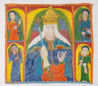 Ethiopian Church Painted Cloth Wall Hanging, 35" x 37"