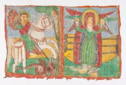 Ethiopian Church Painted Cloth Wall Hanging, 33" x 52"