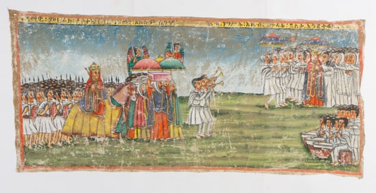 Ethiopian Church Painted Cloth Wall Hanging, 36" x 79"