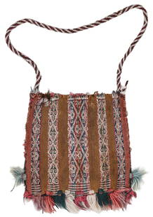 Aymara Chuspa Coca Bag, Early to Mid 19th C.: Aymara Chuspa Coca Bag, Early to Mid 19th C. Alpaca wool with natural dyes. Featuring multicolor fringe and geometric figures, dyed with plants, herbs, and cochineal. The strap is replaced, but all
