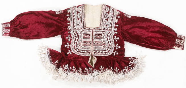 Chola Bolivian Velvet Bolero Dance Jacket, Early/Mid 20th C.: Bolivian Velvet Dance Jacket, Early/Mid 20th C. Wine colored velvet with cotton lining, fringe, and embellishments. Size: 4'3'' x 1'9'' (130 x 53 cm). From the Nina Sidley Collection of International
