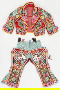 Aymara Man's Ch'uta Dance Costume, Dept. of La Paz, Mid 20th C.: Aymara Man's Ch'uta Dance Costume, Dept. of La Paz, Mid 20th C. Felted wool. appliqué, embroidery, sequin embellishments. Size: 1) 3'9'' x 1'10'' (114 x 56 cm); 2) 2'1'' x 2'11'' (64 x 89 cm). From