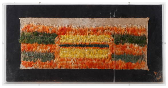 Pre-Columbian Nazca Feather Pechera Panel: Pre-Columbian Nazca Feather Pechera Panel. Size: 7.5'' x 18.5'', 19 x 47 cm (textile); 11.75'' x 23'' x 3'' (30 x 58 x 8 cm) (frame). Provenance: Collection of Dr. and Mrs. Albert and Carol